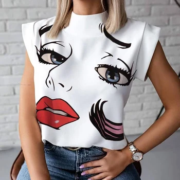 

Summer Sleeveless Women's T Shirt Mock Neck Lip Print Office Lady T shirts Female 2020 Fashion White Plus Size T-shirts Ladies