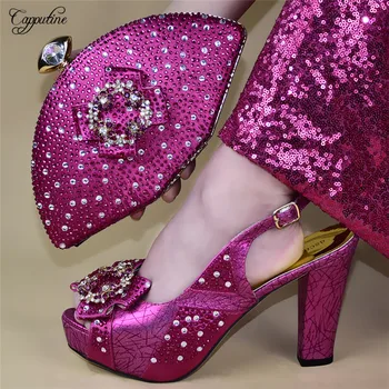 

Beautiful evening party African pump shoes and purse bag sets with stones 588-3 in fuchsia, heel height 11cm