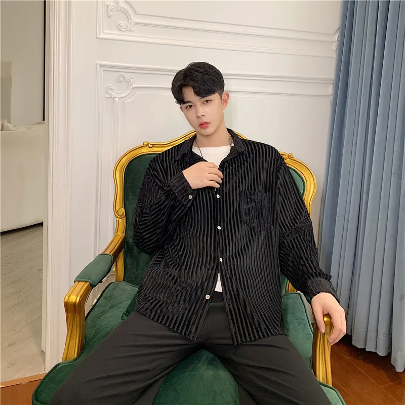 Men Vintage Fashion Long Sleeve Velvet Loose Stripe Business Casual Shirt Male Streetwear Hip Hop Party Dress Shirt
