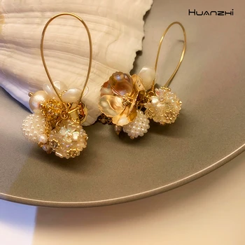 

HUANZHI 2020 Fashion Retro Flowers Pearl long Tassel Metal Geometric Drop Earrings For Women Girls Wedding Jewelry Gifts