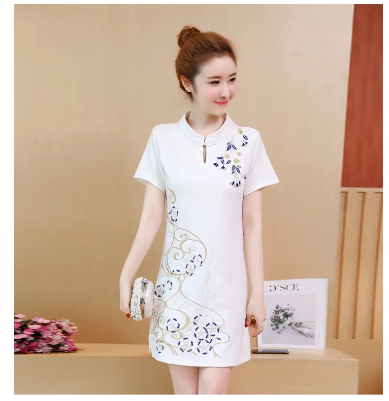 Стиль женское платье улучшенное Cheongsam воротник стойка короткий рукав вышитое Ретро китайский стиль этнический стиль полное тело