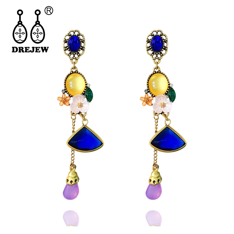 

DREJEW Ethnic Long Blue Yellow Purple Contrast Color Statement Earrings 2019 Silver 925 Drop Earrings for Women Jewelry HE4711