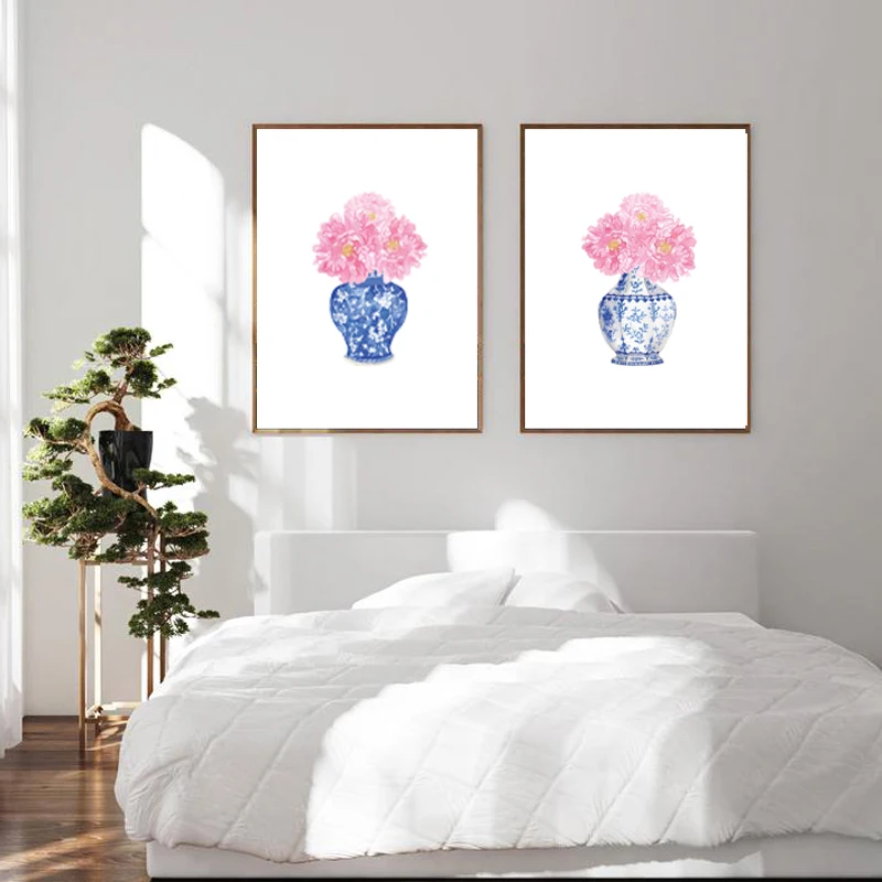 

Water color Peonies Chinoiserie Vases Canvas Painting Blue and White Porcelain Vase Posters Wall Art Prints Living Room Decor