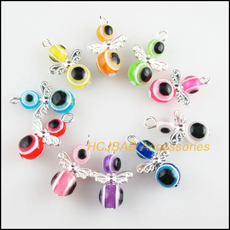 

20Pcs Silver Plated Angel Mixed Acrylic Ball Eye Charms Pendants 14x23mm
