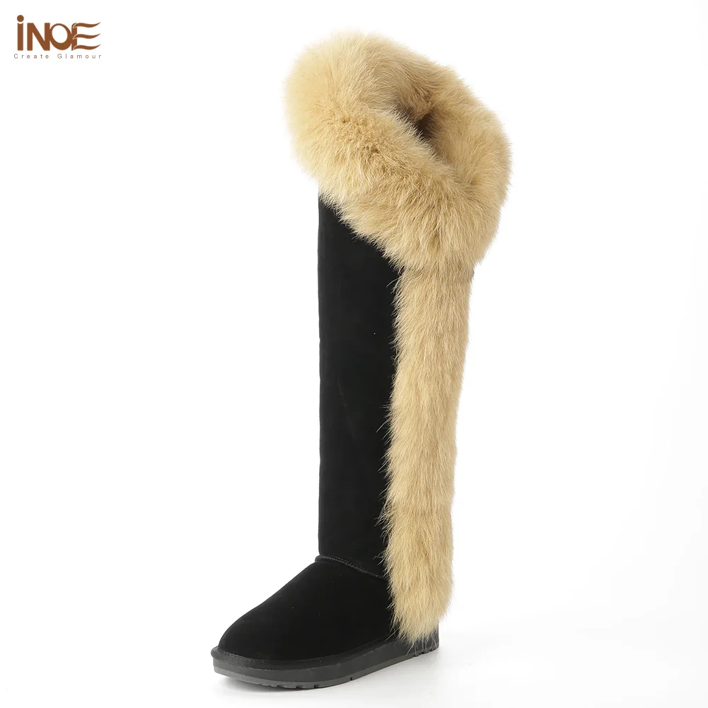 INOE Over The Knee Women Fashion Long Winter Snow Boots Cow Suede Leather Real Fully Soft Fox Fur High Warm Shoes Luxurious 1