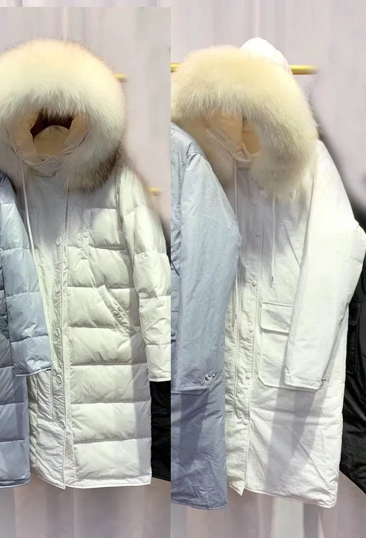 Long Style Женский Двусторонний пуховик, длинная куртка, зимний пуховик на утином пуху, натуральный мех енота, с капюшоном, женские толстые теплые парки, зимняя верхняя одежда - Цвет: Long Style