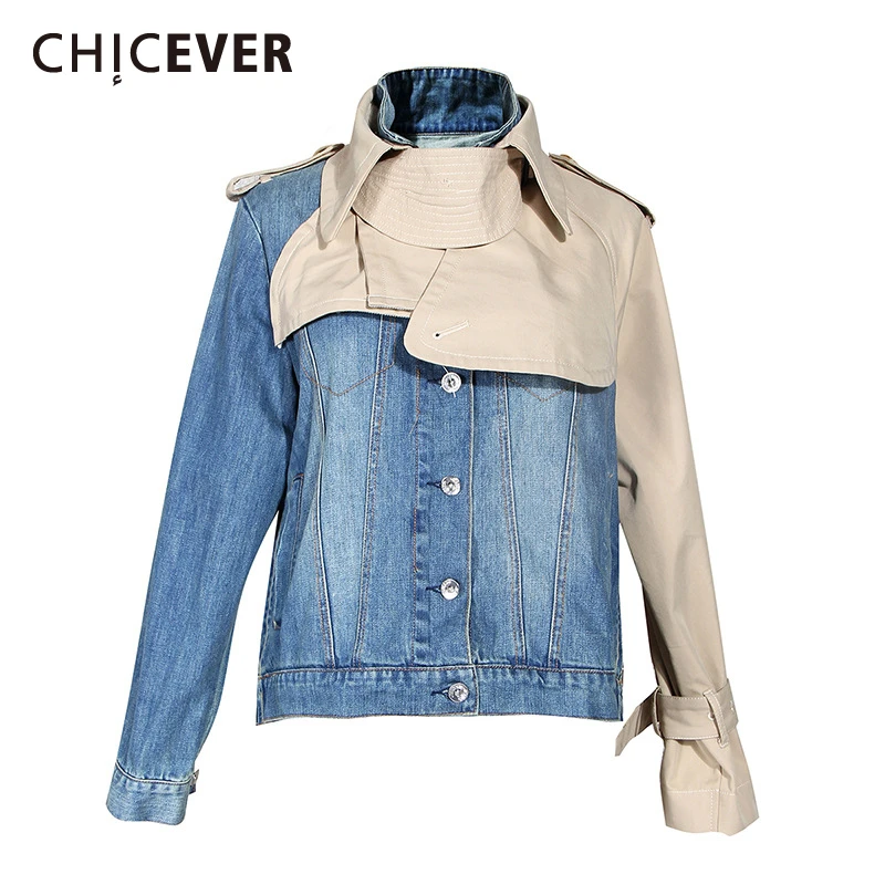 

CHICEVER Patchwork Denim Women's Jacket Lapel Collar Long Sleeve Large Size Casual Coat Female 2019 Autumn Fashion New Clothes