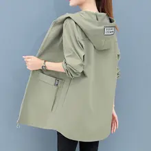 Women Plus Size 5XL Hooded Windbreaker 2021 New Short Coat Loose Casual Top Female Jacket Spring Women MidLength Trench CoatW31