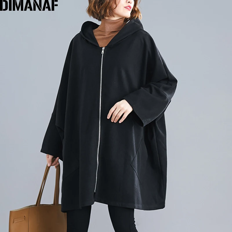 

DIMANAF Oversize Women Jacket Coat Autumn Winter Outerwear Zipper Cardigan Vintage Batwing Sleeve Loose Plus Size Hooded Clothes