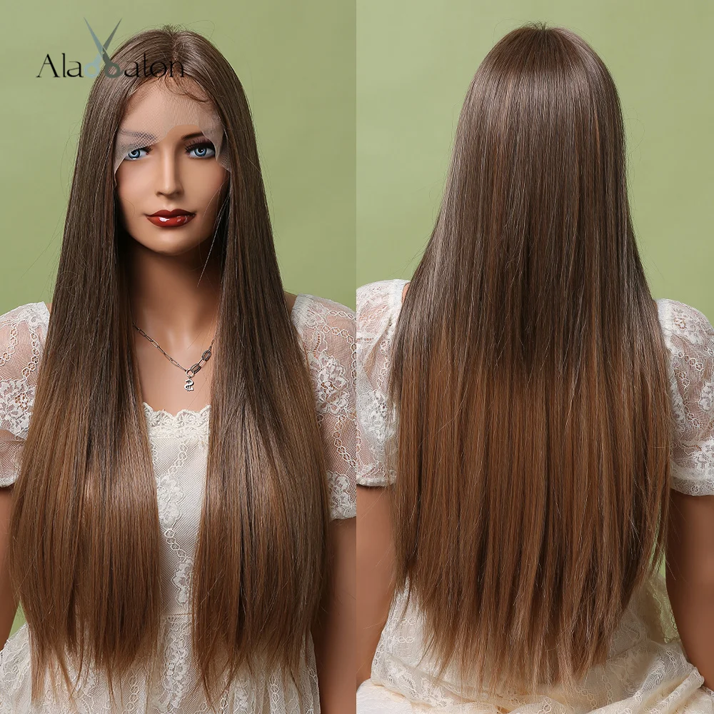 ALAN EATON Long Straight Ash Brown to Warm Brown Synthetic Lace Front