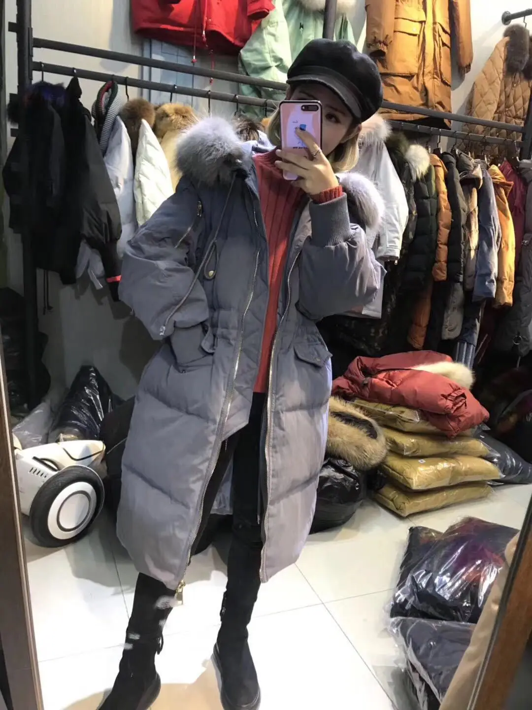 Dongdaemun, вакуумная подкладка, зима, стиль, корейский стиль, выше колена, средней длины, талия, обнимает, ультра большой меховой воротник, пуховик