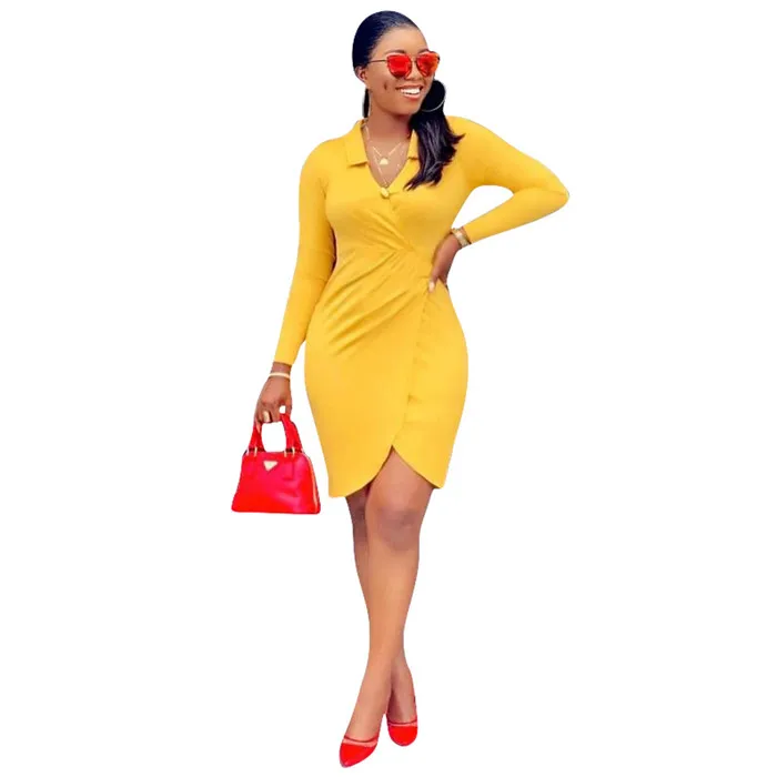 

Womens Sexy Designer Night Club Dresses V Neck Long Sleeve Solid Color Asymmetrical Female Clothing Autumn Casual Apparel