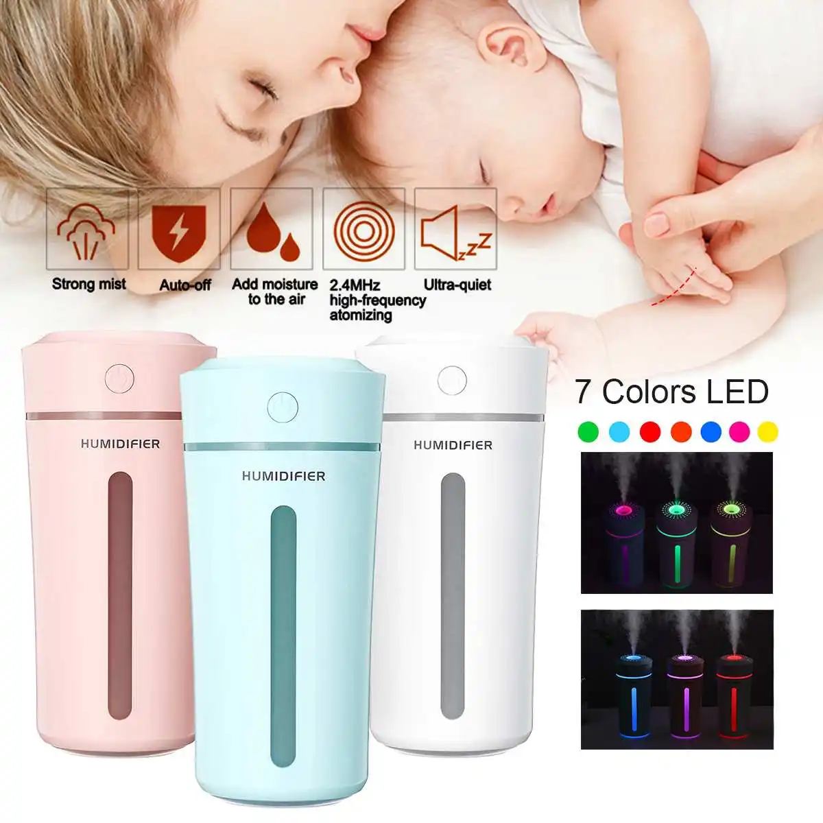 

becornce LED Ultrasonic Humidifier USB Air Purifier 270ml Mist Diffuser 7Color Home Essential Air Freshener Humidifier Christmas