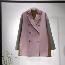 Осеннее и зимнее классическое двубортное стеганое трехцветное Короткое шерстяное пальто на танкетке Женская куртка