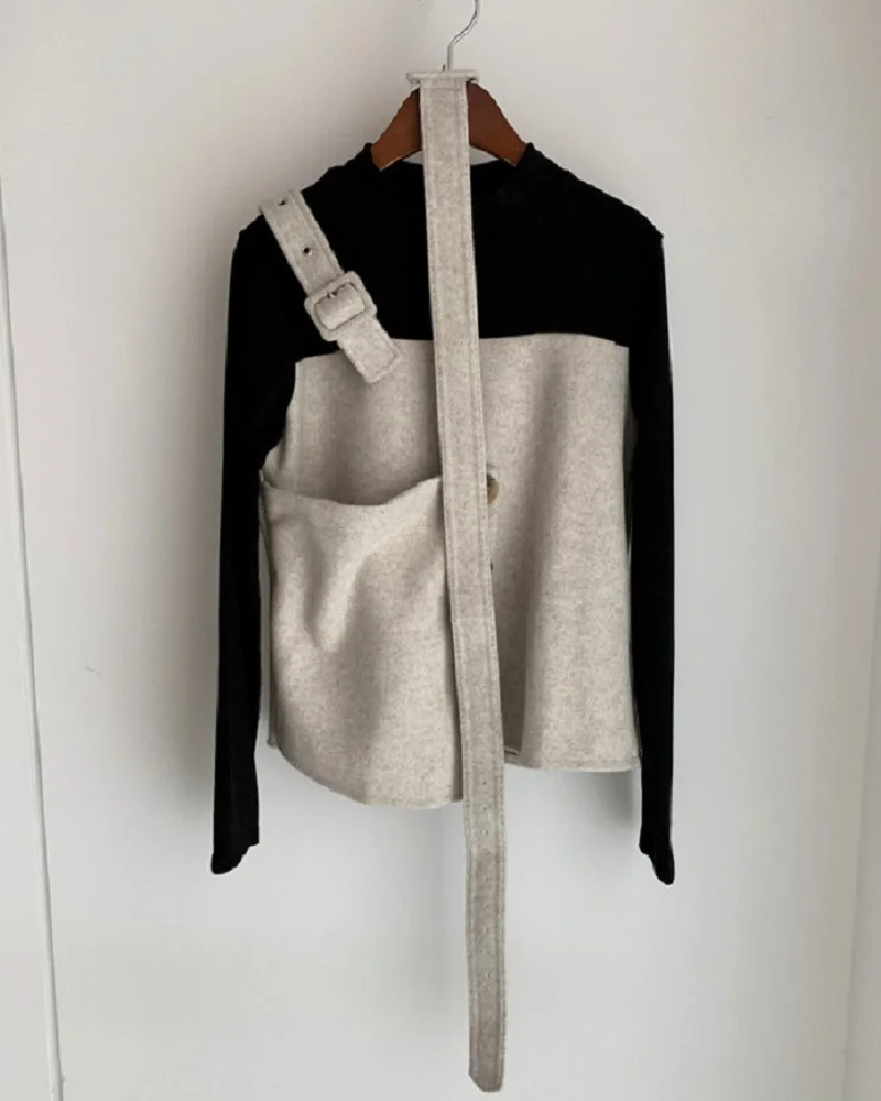 Водолазка, Лоскутная, необычная, две поддельные рубашки с длинным рукавом, Женские топы и блузки с поясом, тонкая талия, Blusas