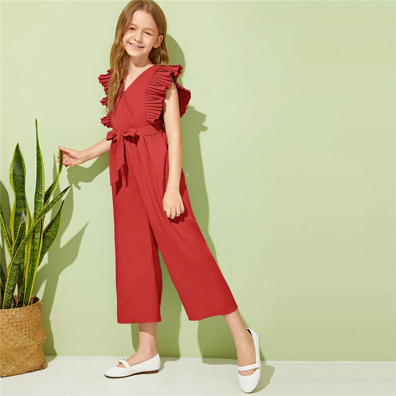 SHEIN Kiddie, v-образный вырез, плиссированные проймы, для отдыха, с поясом, комбинезоны для девочек,, летние, без рукавов, с оборками, широкие, Комбинезоны