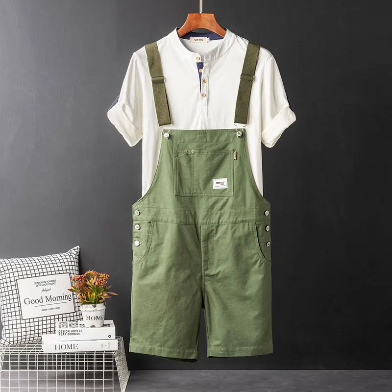 2021 Summer Overalls Shorts For Men Bib Jumpsuits Cotton Straight Loose Red Orange Yellow Khaki Male Solid Casual Pants Clothing