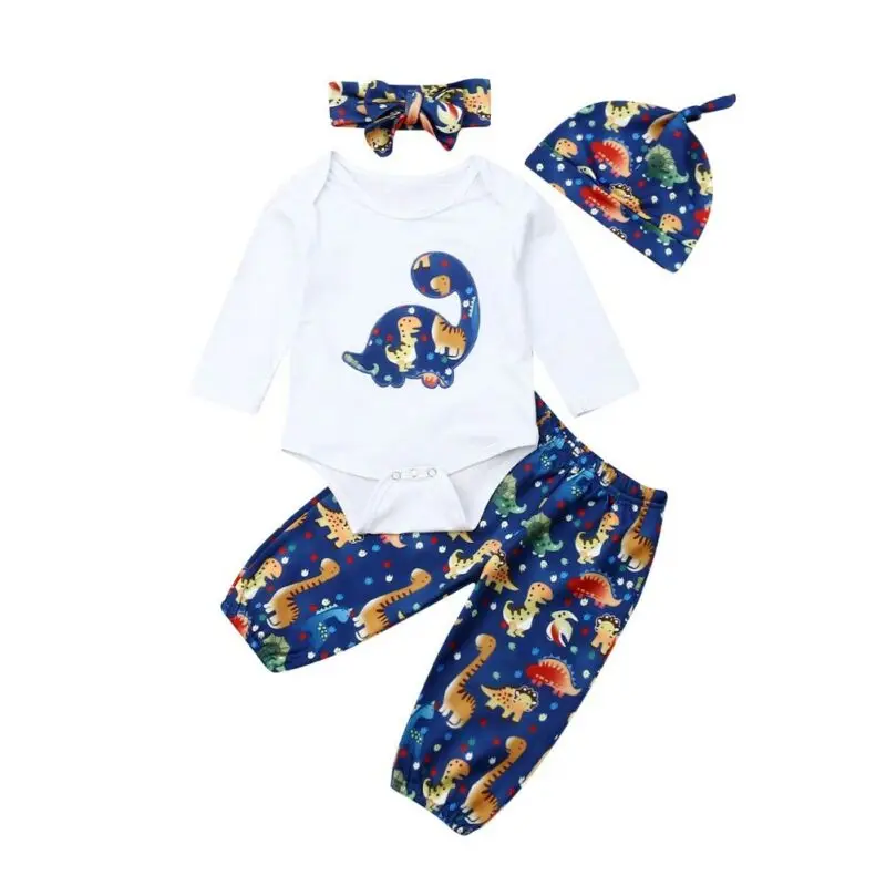 

Cartoon Newborn Baby Boy Girl Dinosaur Outfits Clothes Romper+Pants+Headband+Hat Print Autumn Set