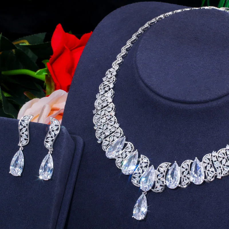 CWWZircons Роскошные блестящие кубические циркония вымощенные Большие капли воды для женщин Свадебные цепочки и ожерелья серьги наборы вечерние ювелирные изделия T381