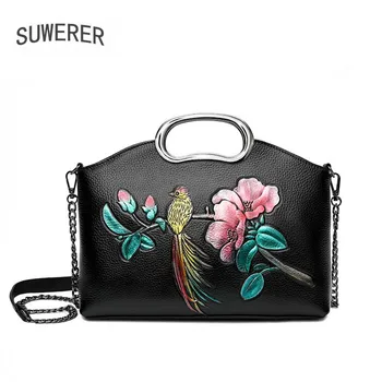

SUWERER New Women Genuine Leather bag fashion Flowers real cowhide bag luxury handbags women bags designer crossbody bags