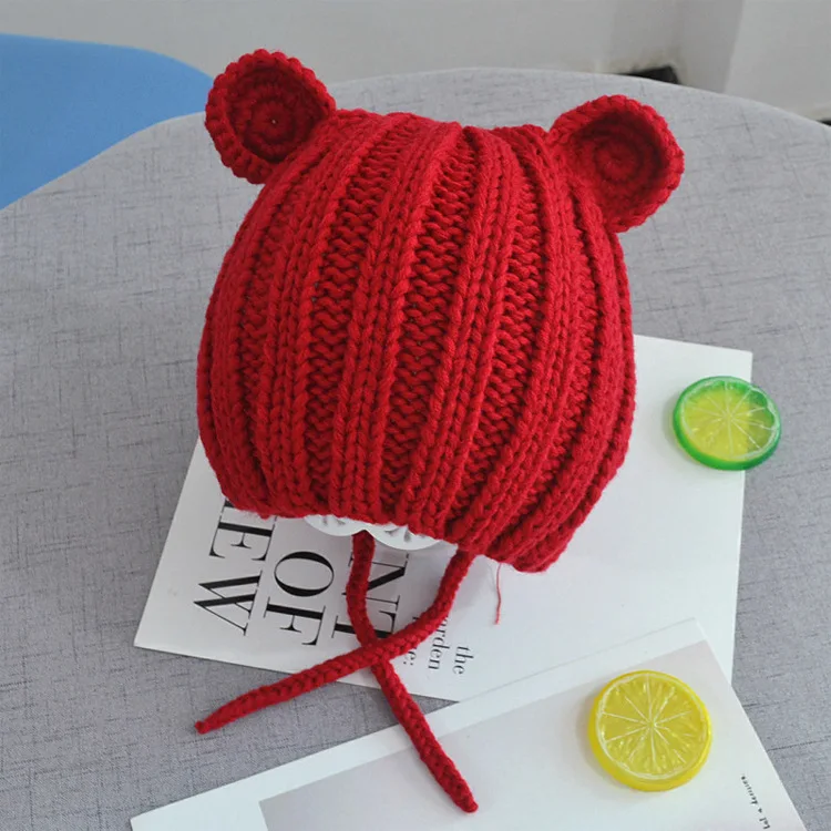 Knitted Winter Baby Hat with Ears Cartoon Lace-up Children Kids Baby Bonnet Cap for 1-4 Years 6 Colors