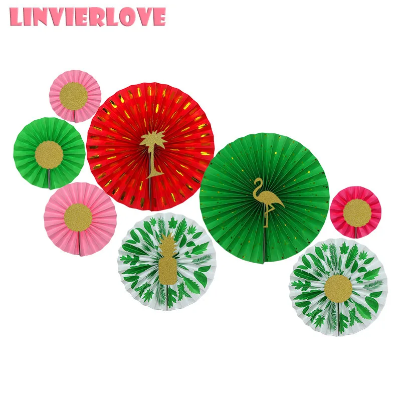 

LINVIERLOVE 8pcs Gold Flamingo Paper Fans For Wedding DIY Festival Decoration Hawaiian Style Hanging Fan Decor Party Supplies
