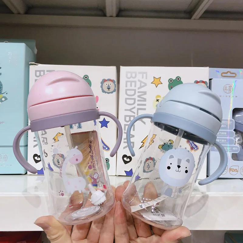 250/350ml Child Bottle with Straw Portable Kids Training Cups Baby Feeding Cup Cartoon Pattern Drinking Water | Мать и ребенок