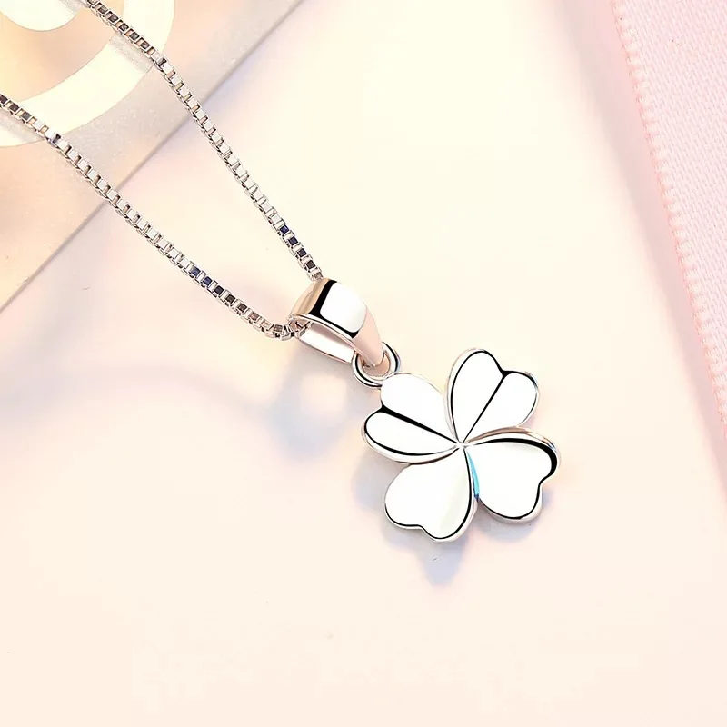 LYSFS Authentic Silver Four Leaf Clover Charm Necklace Ladies Silver Lucky Clover Jewelry