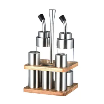 

Stainless Steel Cooking Seasoning Oil Vinegar Bottle Dispenser Shaker Sauce Storage Bottles Kitchen Tools With squre wood base