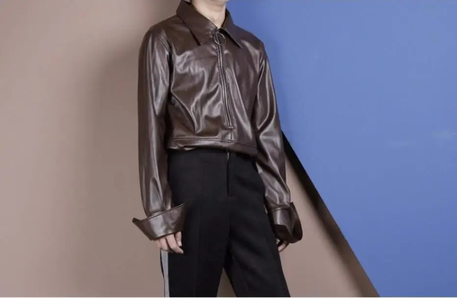 S-6XL! 2019 оригинальная металлическая молния, украшение, длинный рукав, лацканы, искусственная кожа, рубашка осень-зима, мужская одежда