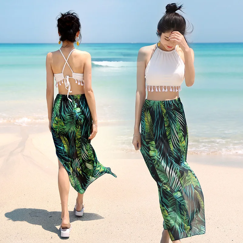 

2019 New Style Split Type Boxer Swimwear Three-piece Set Long Skirts Gauze Kerchief Bathing Suit Women's Conservative Bikini