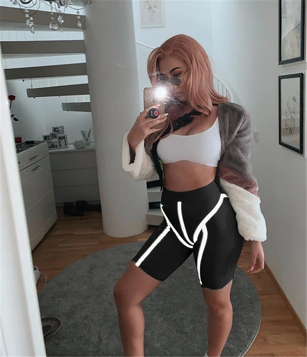 Женские шорты с высокой талией блестящие светоотражающие в полоску спортивные