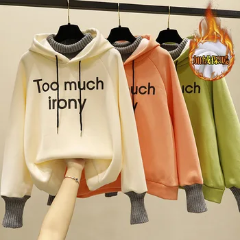 

Thicken Warm Girls Sweatshirts Women Plus Velvet Long Sleeve Turtleneck Letter Print Hoodies Fashion Female Pullovers