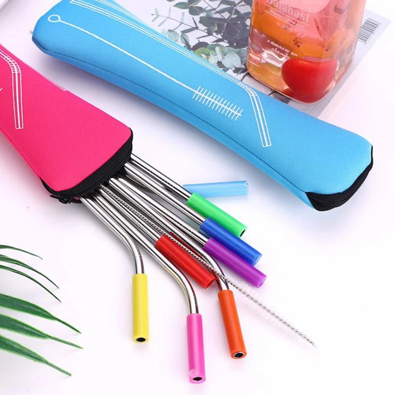 

6Pcs/set Portable Reusable Stainless Steel Straws Straight Bent Drinking Straws with Silicone Tips for Hot Cold Drink Bar Tools