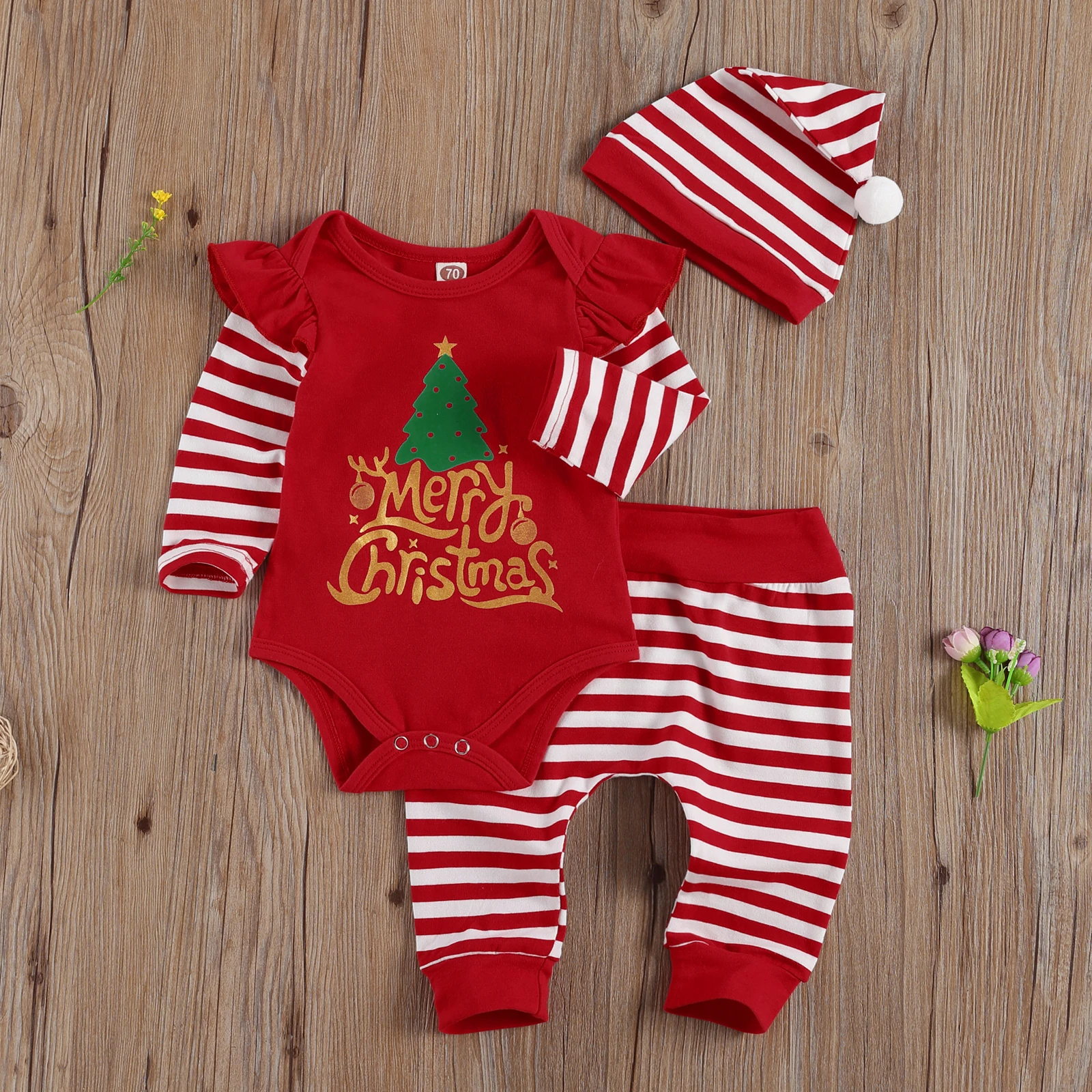 

Emmababy Newborn Baby Clothes Christmas Letter and Plaid Print Striped Long Sleeve Romper Tops Long Pants Hat 3Pcs Outfits Suit