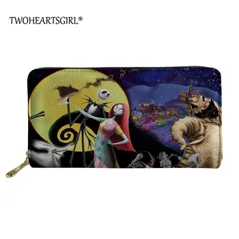 

Twoheartsgirl Nightmare before Christmas Long Wallets Skull Jack&Sally Prints Coin Money Bag PU Women Zipper Purse Cartera Mujer