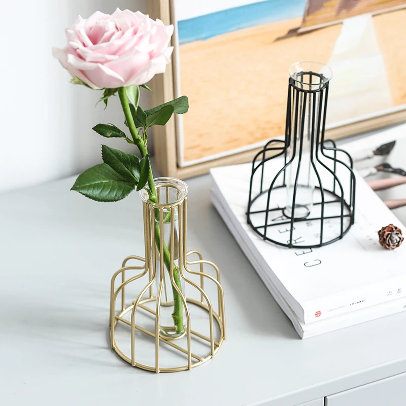 Black Lines Minimalist Abstract Iron Vase Geometric Hydroponic Vase Rack Home Decor Vase Abstract Glass Terrarium Gold Vase