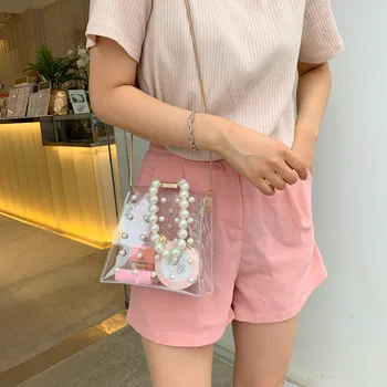 

Mini Clear Transparent PVC Shoulder Bags Women Jelly Bags Purse with Pearl Handle Rivet Handbags sac a main femme Crossbody Bag