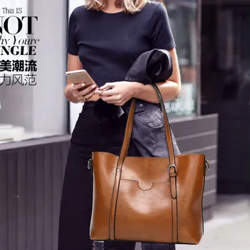 

New Leather Shoulde Women's Handbags High capacity Fashion retro black All-match bag Sewing thread Ladies Handbags