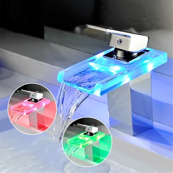 

LED Basin Faucet Brass Waterfall Temperature Colors Change Bathroom Mixer Tap R9JC