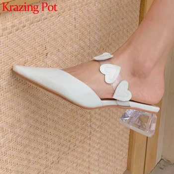

Krazing pot solid full grain leather small square toe crystal high heels women mules high street wear summer fashion pumps L61