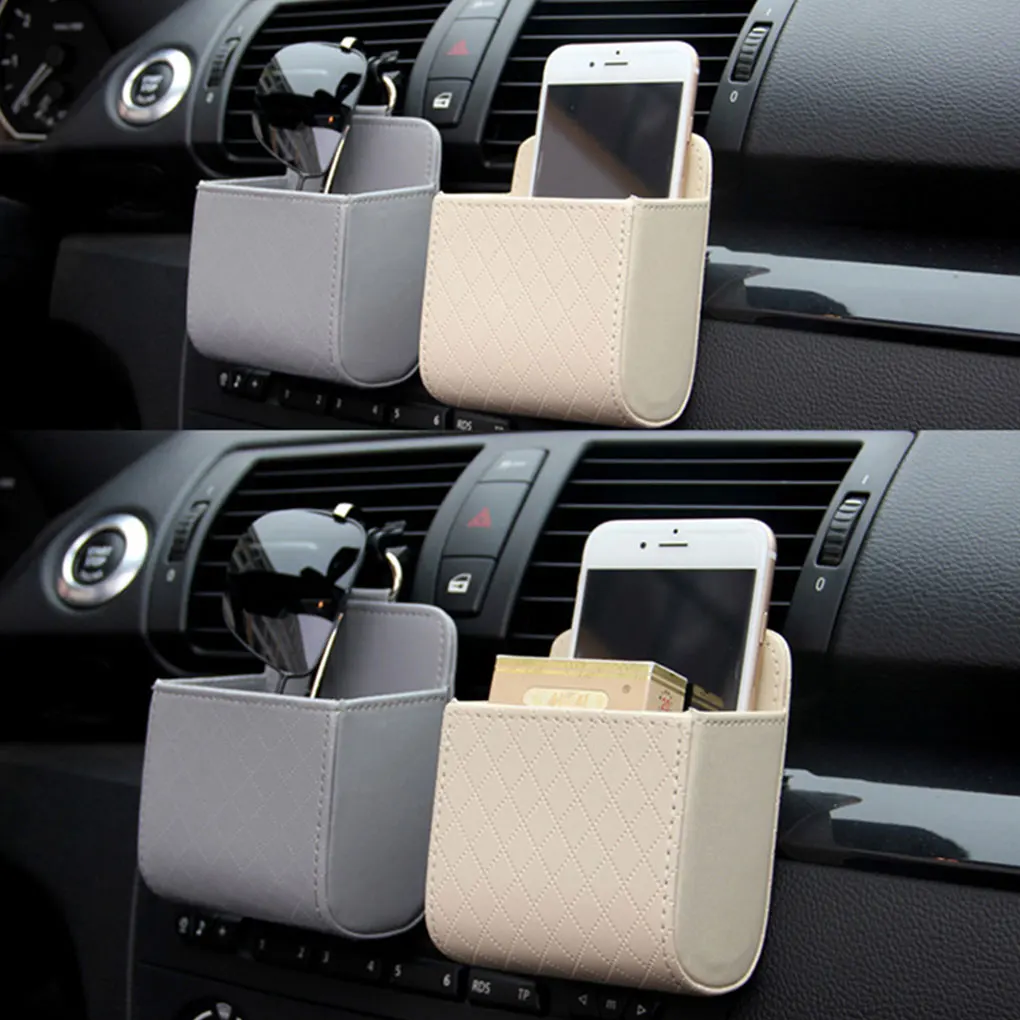 Auto Air Vent Organizer Box PU Leather Car Mobile Phone Keys Storage Bag Automotive Hanging Pocket