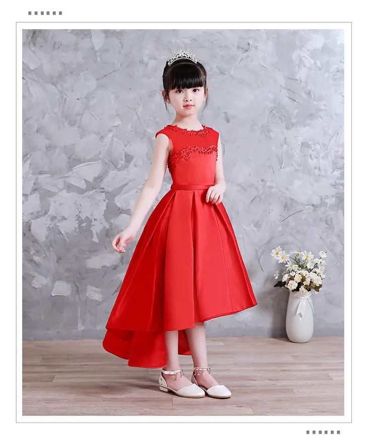 Детское платье принцессы со шлейфом; красное платье с маленьким цветком для девочек; торжественное платье для выступлений на фортепиано; костюм для девочек с коротким передом и длинной спинкой