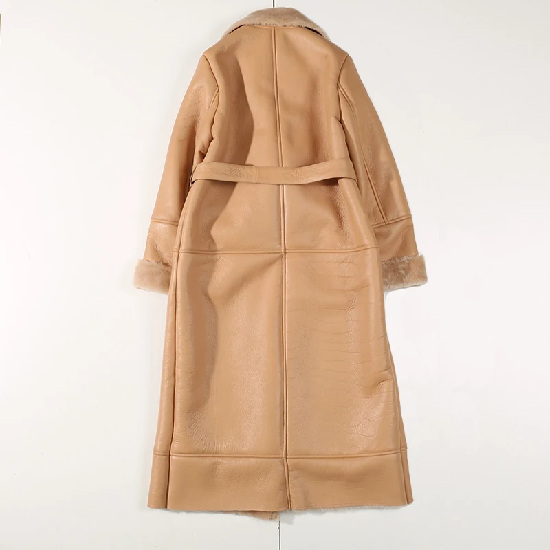 

2020 Winter Genuine Leather skin Khaki Long coat Shearling Jacket Belt Warm Lamb Sheep Fur Outwear Overcoat