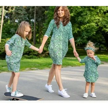

bunvel Mommy and Me Clothes Mama Baby Girl Clothes Bohemian Beach Dresses Casual Leaf Print A-line Mini Party Dress Vestidos