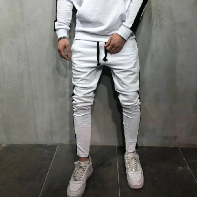 White Pants Мужской полосатый спортивный костюм для бега, толстовка с капюшоном+ спортивные штаны, комплект из 2 предметов, мужской красный пуловер, худи, спортивная одежда, спортивный костюм для мужчин - Цвет: White Pants