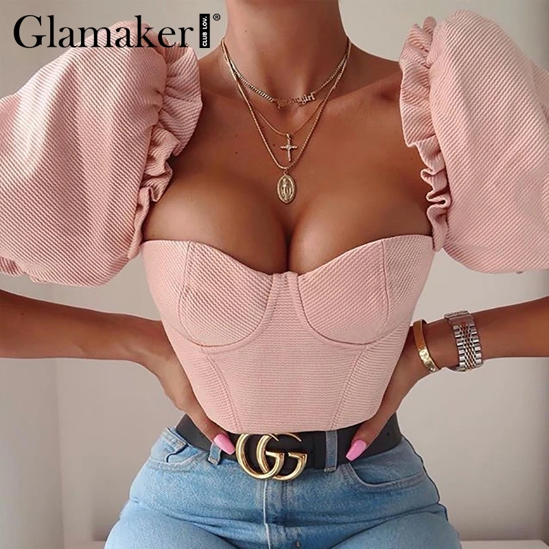 Glamaker сексуальные кружевные буфы на рукавах camis топы на бретелях женские с открытыми плечами уличная летняя обрезанный женский топ элегантные вечерние укороченные топы