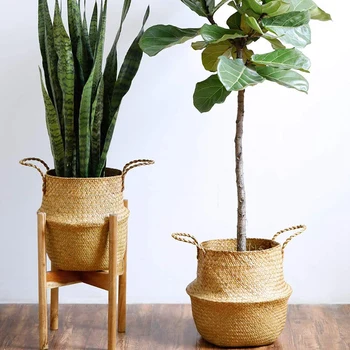 

Seaweed Plant Basket-Hand-Woven Belly Basket with Handle, Plant Basket, Home Woven Beach Bag (Two-Piece)