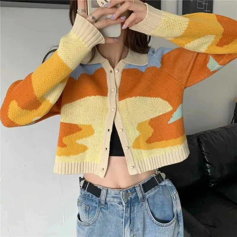 

Vintage Cropped Cardigan Women Korean Fashion Autumn Orange Long Sleeve Single Breasted Knitwear Women Sweaters sueters de mujer