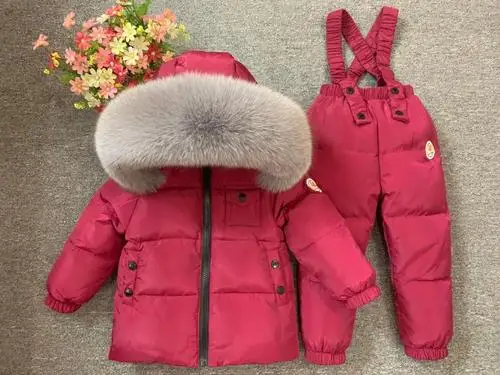 Коллекция года, комплекты детской одежды для русской зимы пуховое пальто с капюшоном и натуральным мехом для мальчиков и девочек+ пуховые штаны детский зимний комбинезон, лыжный костюм - Цвет: As Picture